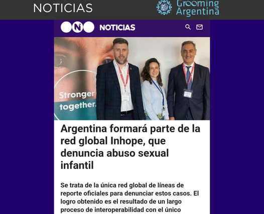 COMPARTIMOS LA NOTA DE TELEFE NOTICIAS SOBRE LA INCORPORACIÓN DE NUESTRA ORGANIZACIÓN A LA RED GLOBAL INHOPE – INTERNATIONAL ASSOCIATION OF INTERNET HOTLINES DE DENUNCIAS CONTRA EL CSAM.