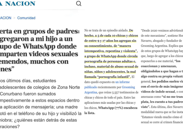 Dialogamos en LA NACION respecto a las situaciones de violencia sexual a niñas, niños y adolescentes en grupos de WhatsApp.