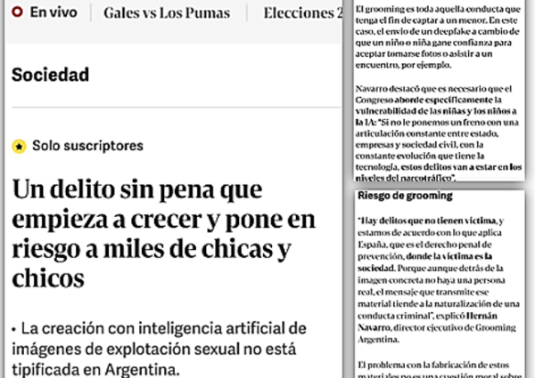 Conversamos con Clarín acerca de como las redes de pedofilia utilizan la IA para generar imágenes de abusos sexuales de niñas, niños y adolescentes