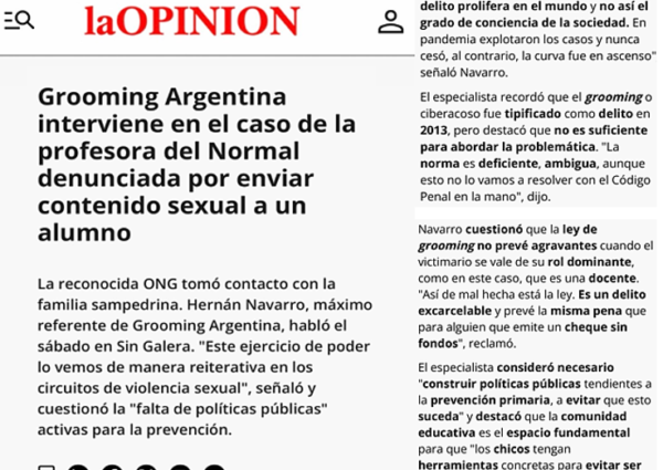 GROOMING ARGENTINA INTERVIENE EN EL CASO DE UNA DOCENTE DENUNCIADA POR ACOSO.