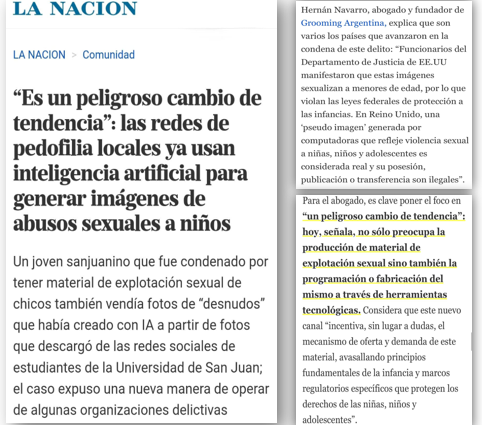 Conversamos en LA NACION acerca de como las redes de pedofilia ya utilizan la Inteligencia Artificial para generar imágenes de abusos sexuales de niños, niñas y adolescentes.