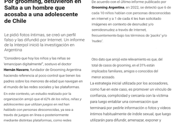 “Por Grooming, detuvieron en Salta a un hombre que acosaba a una adolescente de Chile” – Vía Infobae.